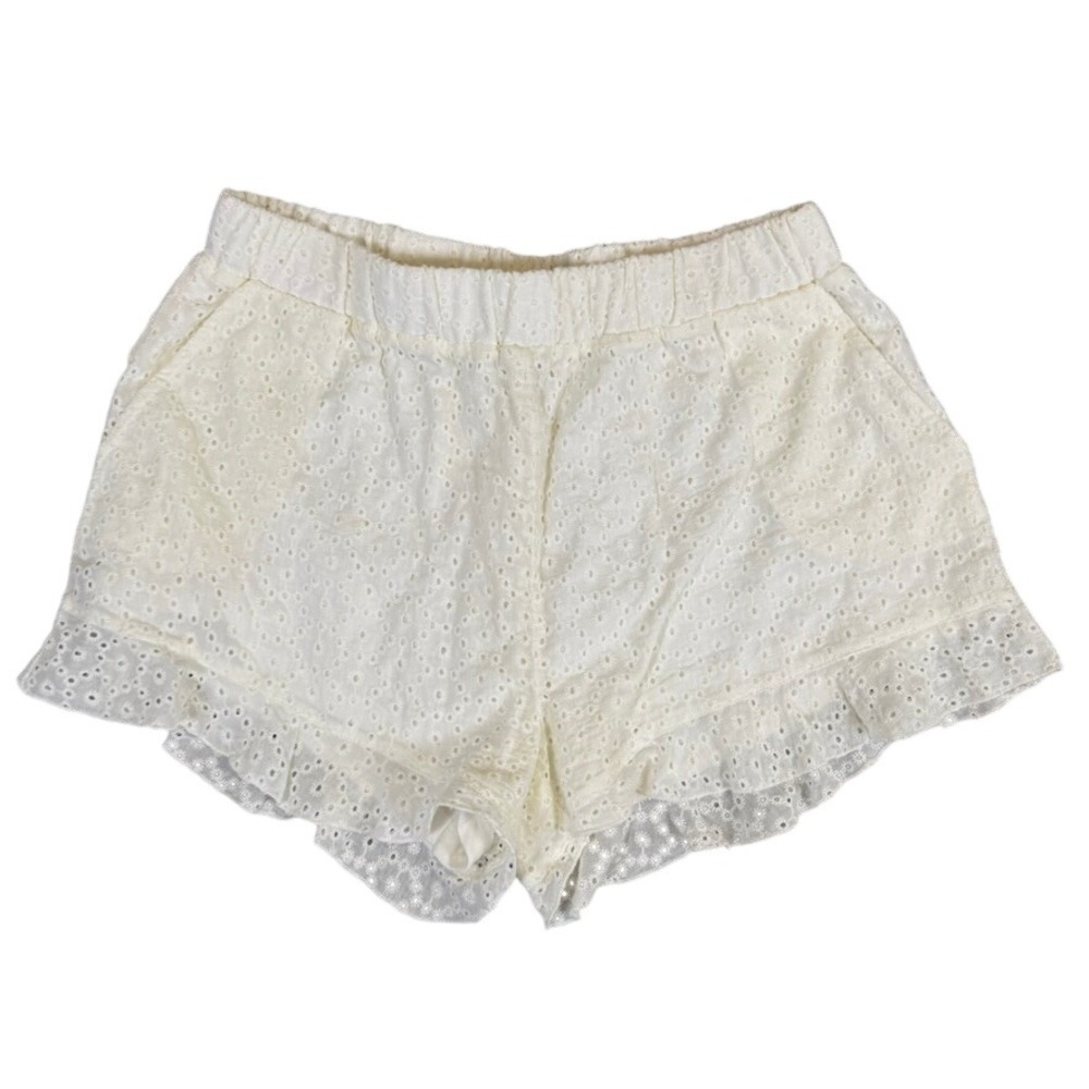 Sperry Womens White Eyelet Embroidered Ruffle Hem Shorts Medium Elastic Waist